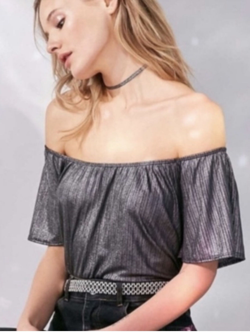 Ecote by Urban Outfitters Metallic Off-Shoulder Crop Top in Gray